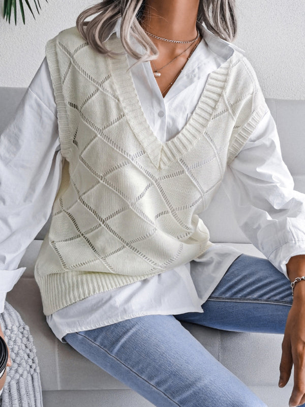 Sweater Vests- Knitted Sweater - Diamond Openwork Ribbed Vest- - IndioGear Fashion and Gear