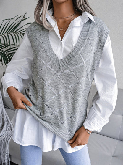 Sweater Vests- Knitted Sweater - Diamond Openwork Ribbed Vest- - IndioGear Fashion and Gear