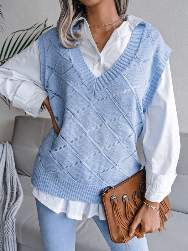 Sweater Vests- Knitted Sweater - Diamond Openwork Ribbed Vest- - IndioGear Fashion and Gear