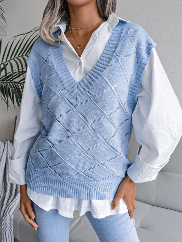 Sweater Vests- Knitted Sweater - Diamond Openwork Ribbed Vest- Blue- IndioGear Fashion and Gear