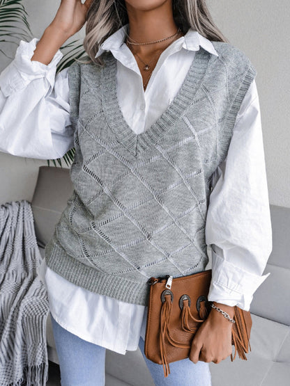 Sweater Vests- Knitted Sweater - Diamond Openwork Ribbed Vest- Grey- IndioGear Fashion and Gear