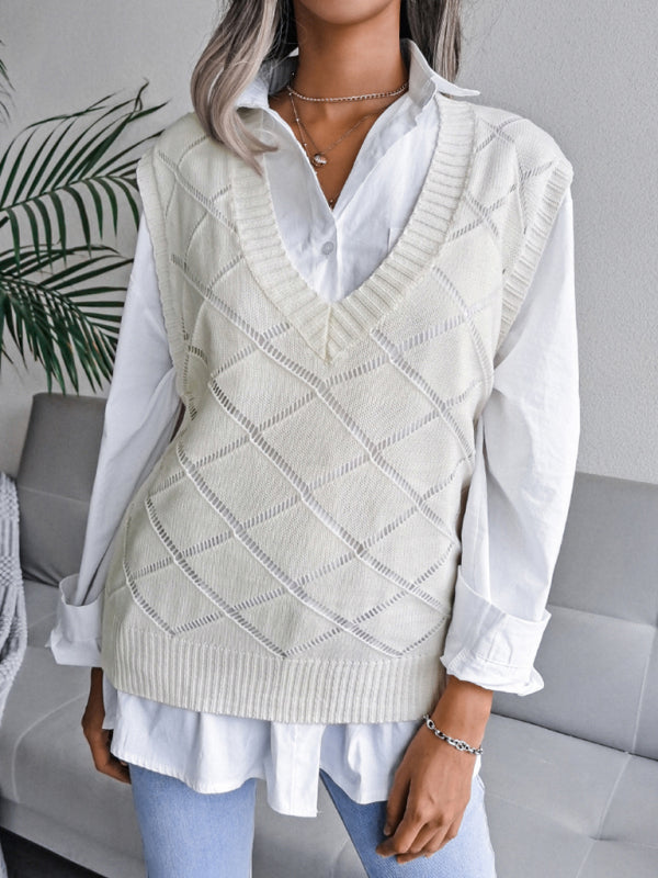 Sweater Vests- Knitted Sweater - Diamond Openwork Ribbed Vest- White- IndioGear Fashion and Gear