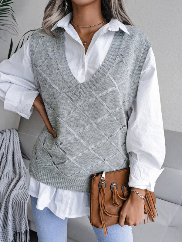 Sweater Vests- Knitted Sweater - Diamond Openwork Ribbed Vest- - IndioGear Fashion and Gear