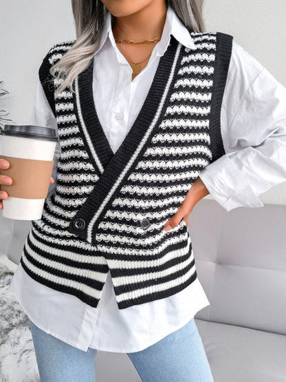 Sweater Vests- Knitted V Neck Sweate - Double-Breasted Vest- - IndioGear Fashion and Gear