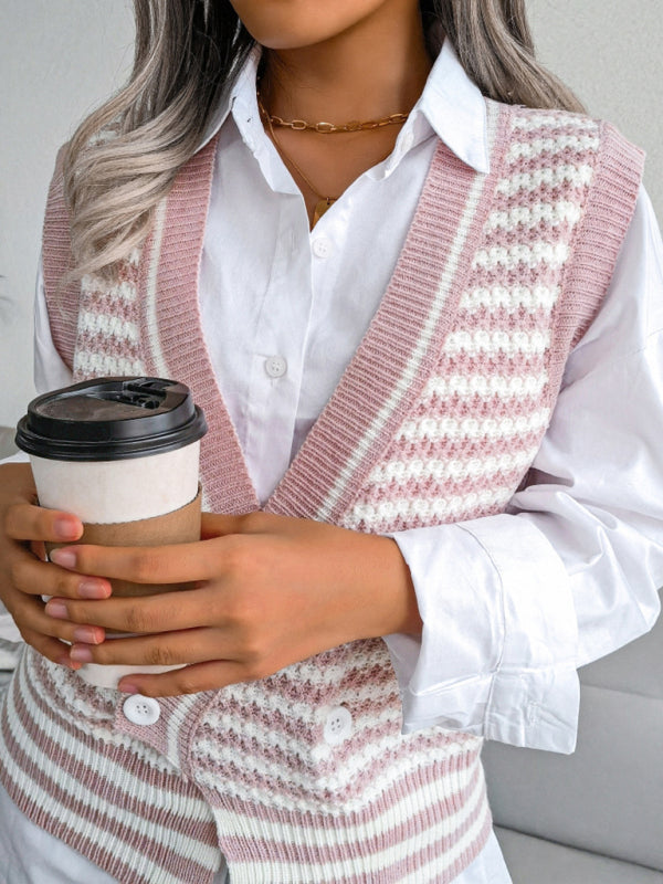 Sweater Vests- Knitted V Neck Sweate - Double-Breasted Vest- - IndioGear Fashion and Gear