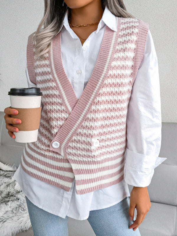 Sweater Vests- Knitted V Neck Sweate - Double-Breasted Vest- - IndioGear Fashion and Gear