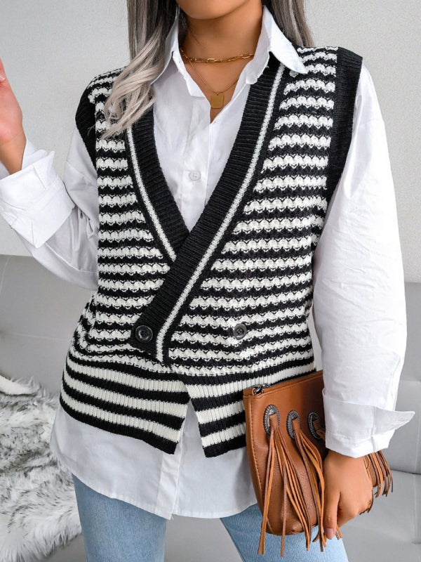 Sweater Vests- Knitted V Neck Sweate - Double-Breasted Vest- - IndioGear Fashion and Gear