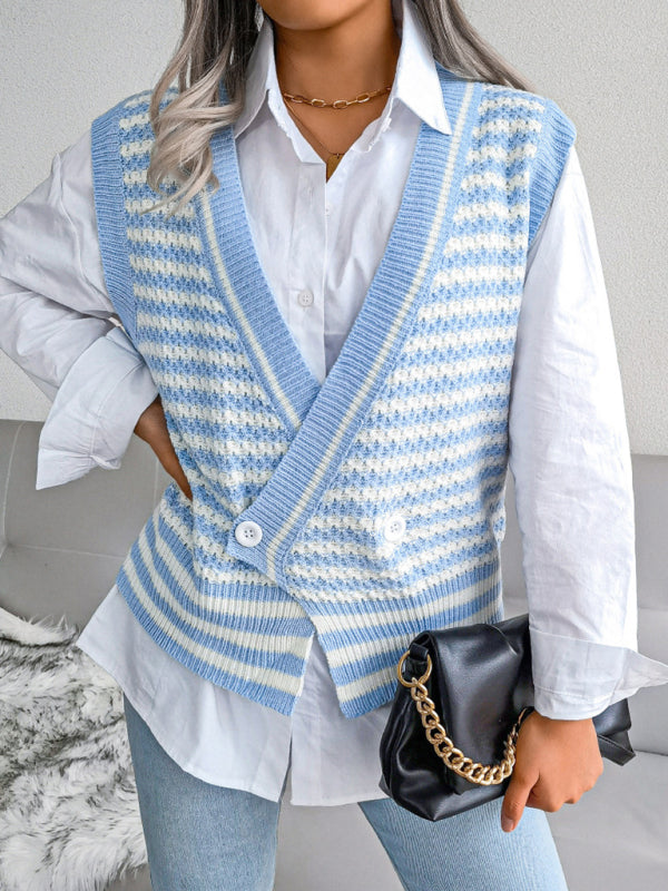 Sweater Vests- Knitted V Neck Sweate - Double-Breasted Vest- - IndioGear Fashion and Gear