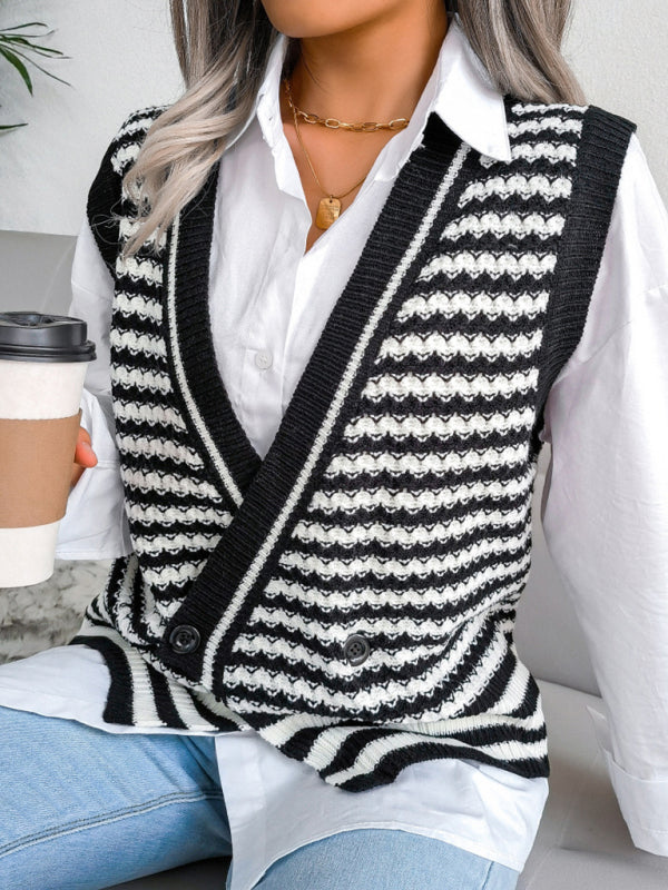 Sweater Vests- Knitted V Neck Sweate - Double-Breasted Vest- - IndioGear Fashion and Gear