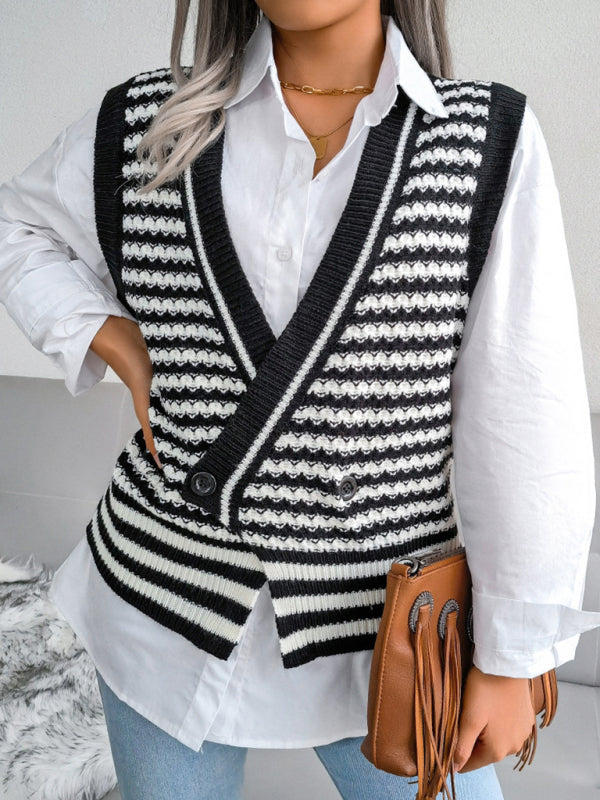 Sweater Vests- Knitted V Neck Sweate - Double-Breasted Vest- - IndioGear Fashion and Gear