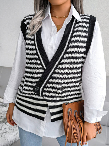 Sweater Vests- Knitted V Neck Sweate - Double-Breasted Vest- Black- IndioGear Fashion and Gear