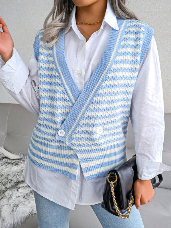 Sweater Vests- Knitted V Neck Sweate - Double-Breasted Vest- - IndioGear Fashion and Gear