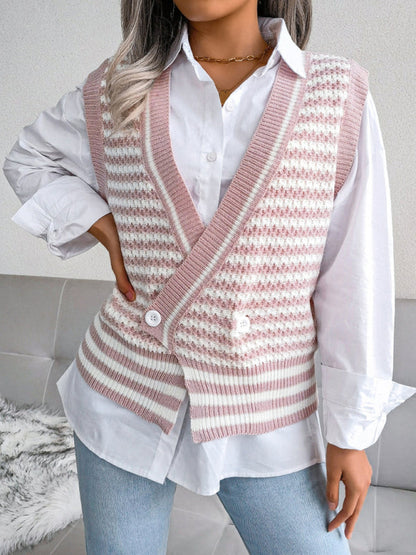 Sweater Vests- Knitted V Neck Sweate - Double-Breasted Vest- - IndioGear Fashion and Gear