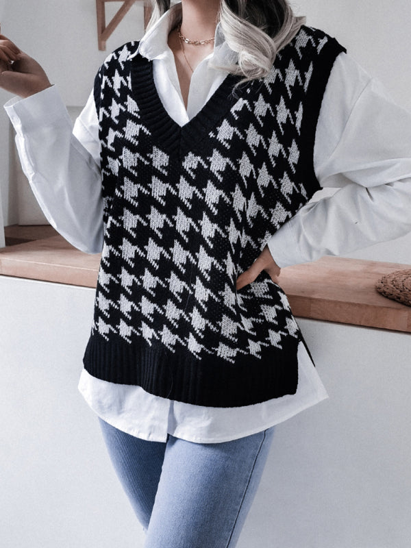 Sweater Vests- Knitted V Neck Sweater - Houndstooth Vest- - IndioGear Fashion and Gear