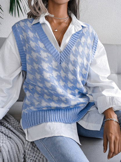 Sweater Vests- Knitted V Neck Sweater - Houndstooth Vest- Blue- IndioGear Fashion and Gear