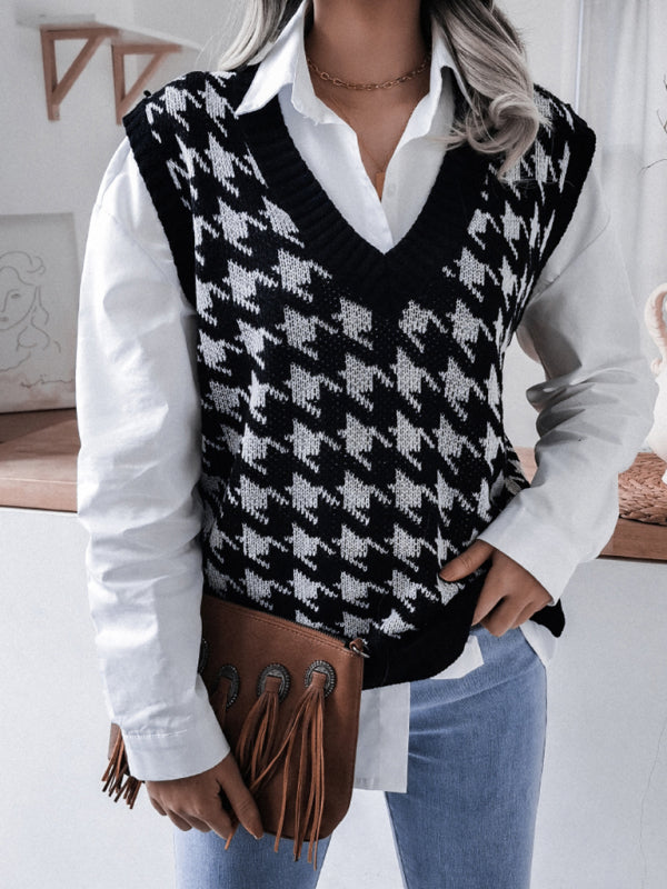 Sweater Vests- Knitted V Neck Sweater - Houndstooth Vest- - IndioGear Fashion and Gear