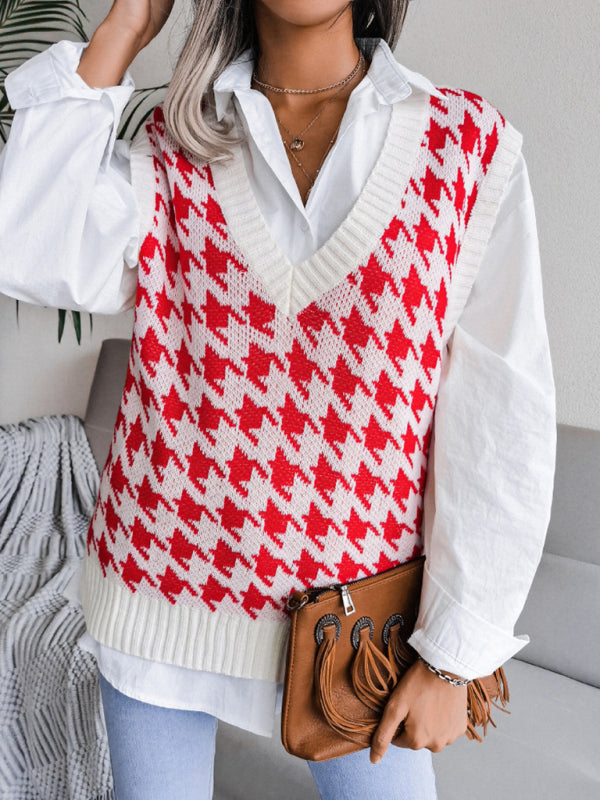 Sweater Vests- Knitted V Neck Sweater - Houndstooth Vest- - IndioGear Fashion and Gear