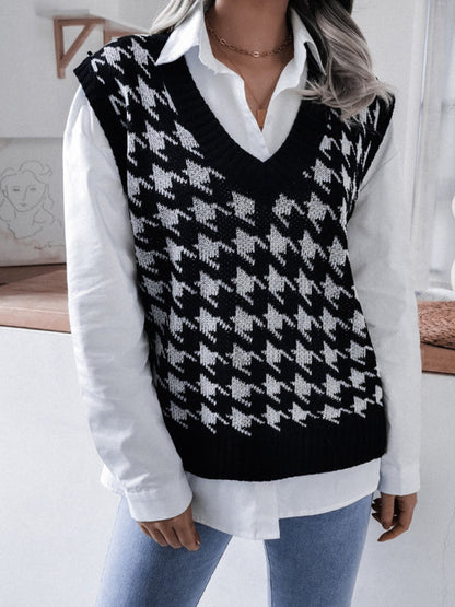 Sweater Vests- Knitted V Neck Sweater - Houndstooth Vest- - IndioGear Fashion and Gear