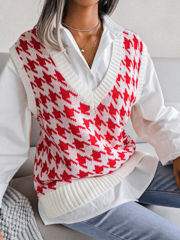 Sweater Vests- Knitted V Neck Sweater - Houndstooth Vest- - IndioGear Fashion and Gear