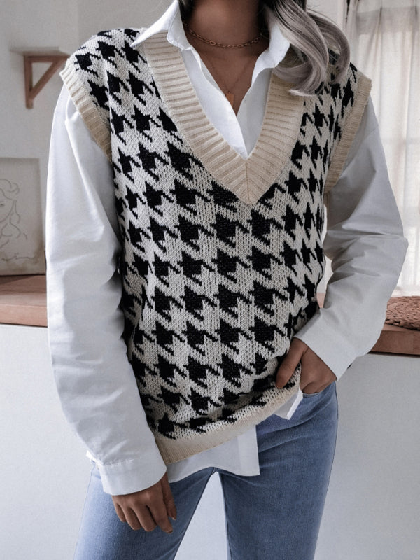 Sweater Vests- Knitted V Neck Sweater - Houndstooth Vest- - IndioGear Fashion and Gear