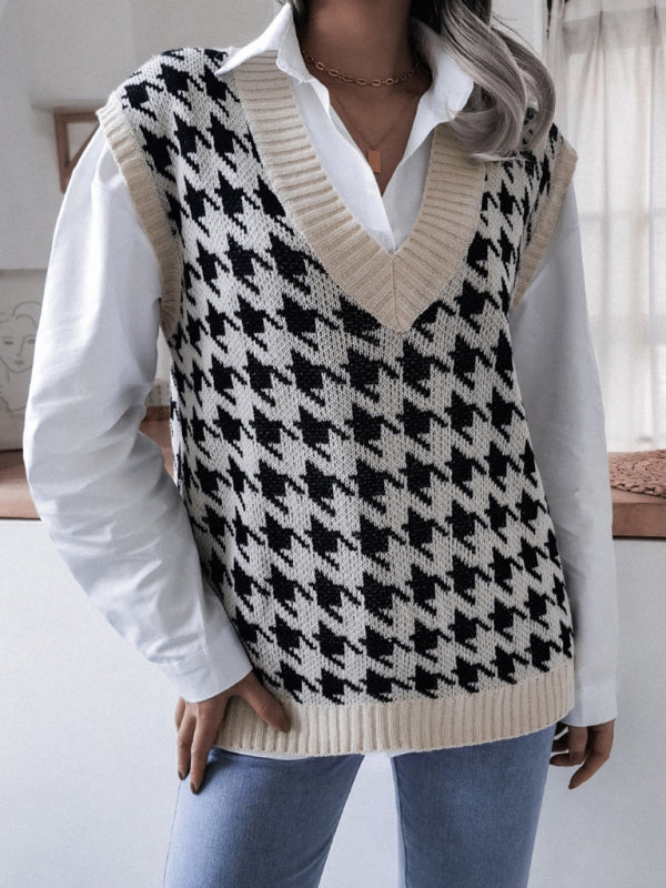 Sweater Vests- Knitted V Neck Sweater - Houndstooth Vest- - IndioGear Fashion and Gear