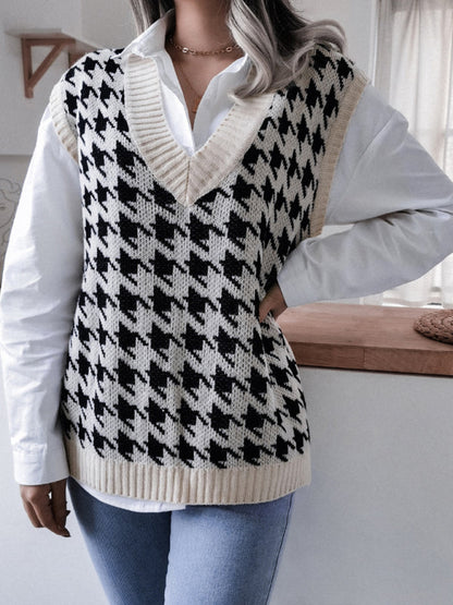 Sweater Vests- Knitted V Neck Sweater - Houndstooth Vest- - IndioGear Fashion and Gear