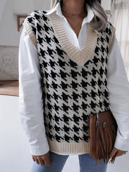 Sweater Vests- Knitted V Neck Sweater - Houndstooth Vest- - IndioGear Fashion and Gear