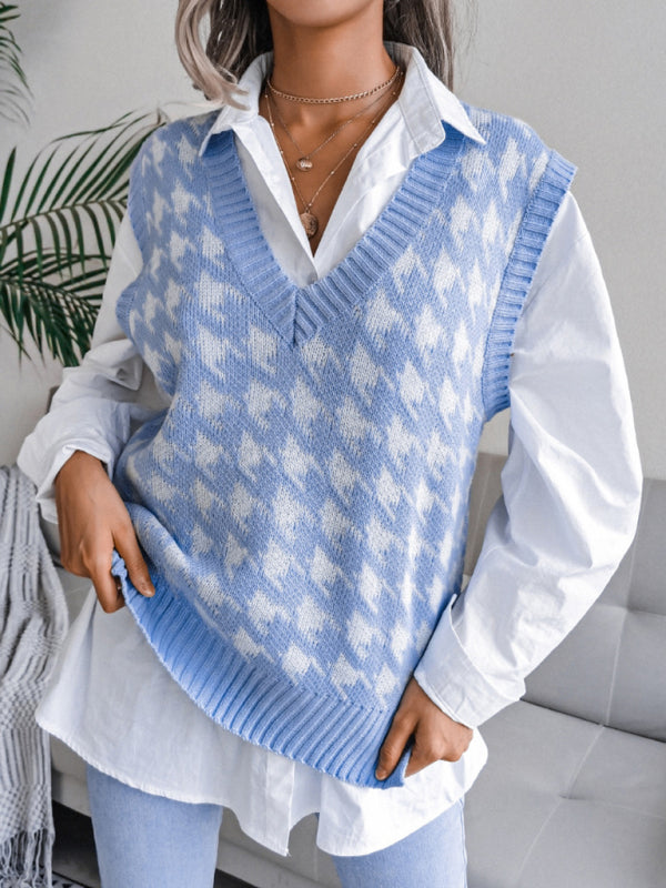 Sweater Vests- Knitted V Neck Sweater - Houndstooth Vest- - IndioGear Fashion and Gear