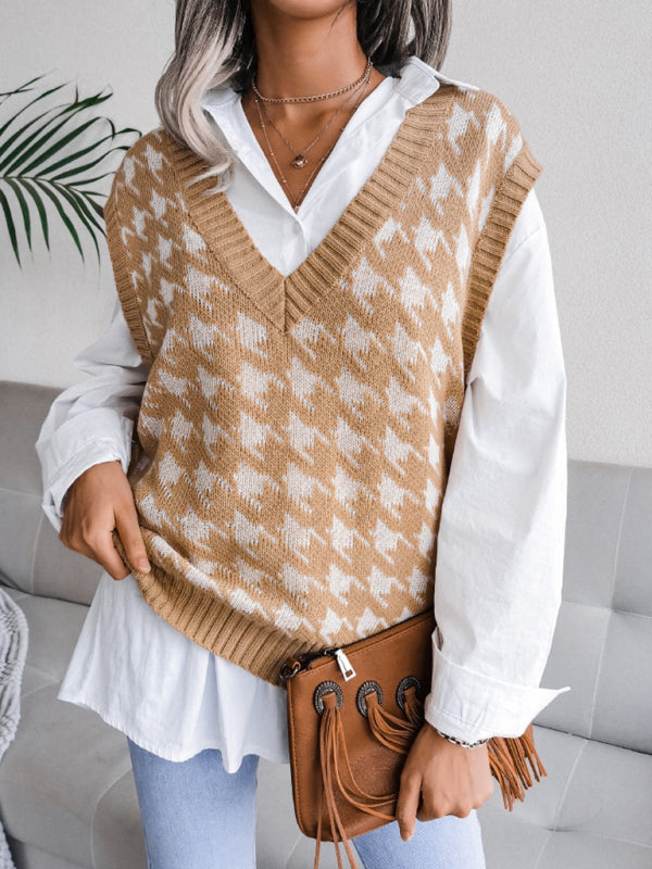 Sweater Vests- Knitted V Neck Sweater - Houndstooth Vest- - IndioGear Fashion and Gear