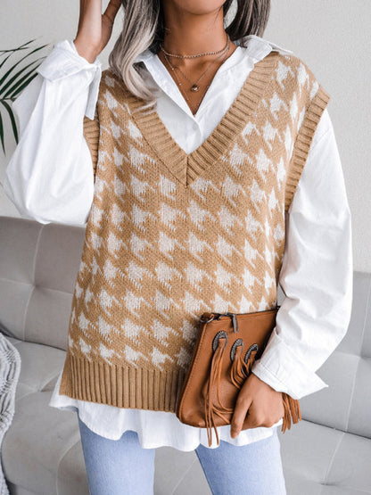 Sweater Vests- Knitted V Neck Sweater - Houndstooth Vest- - IndioGear Fashion and Gear