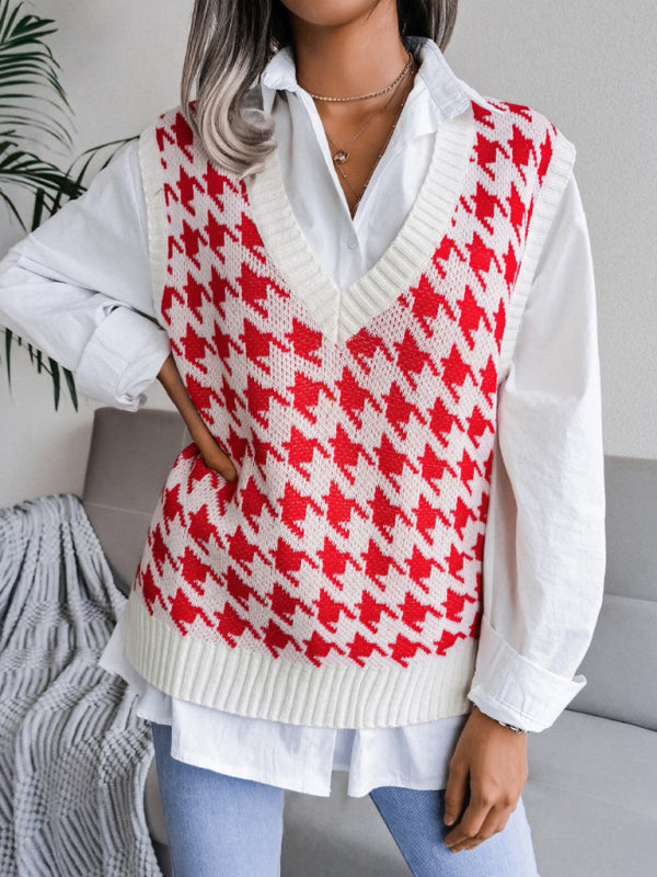 Sweater Vests- Knitted V Neck Sweater - Houndstooth Vest- - IndioGear Fashion and Gear