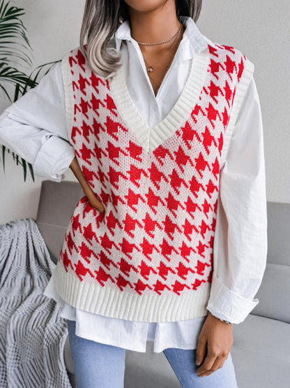 Sweater Vests- Knitted V Neck Sweater - Houndstooth Vest- - IndioGear Fashion and Gear