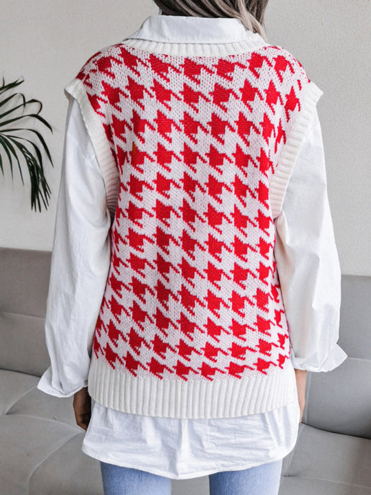 Sweater Vests- Knitted V Neck Sweater - Houndstooth Vest- Red- IndioGear Fashion and Gear