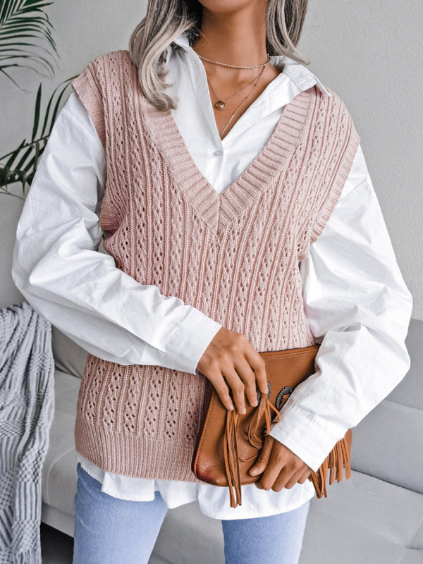 Sweater Vests- Knitted V Neck Sweater - Twist Cable Knit Vest- - IndioGear Fashion and Gear