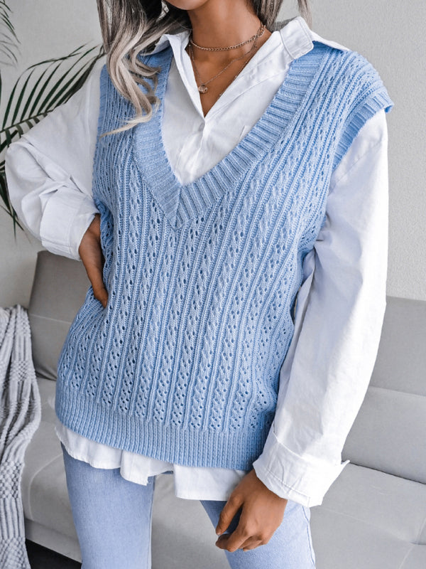 Sweater Vests- Knitted V Neck Sweater - Twist Cable Knit Vest- - IndioGear Fashion and Gear