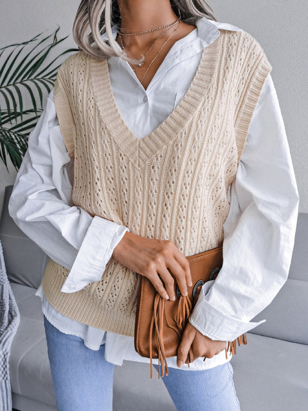 Sweater Vests- Knitted V Neck Sweater - Twist Cable Knit Vest- - IndioGear Fashion and Gear