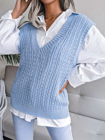 Sweater Vests- Knitted V Neck Sweater - Twist Cable Knit Vest- - IndioGear Fashion and Gear