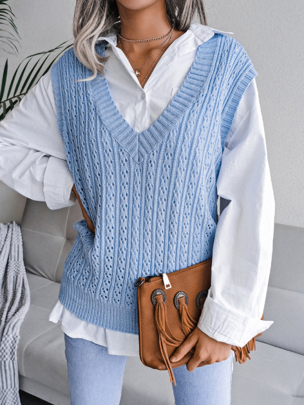 Sweater Vests- Knitted V Neck Sweater - Twist Cable Knit Vest- - IndioGear Fashion and Gear