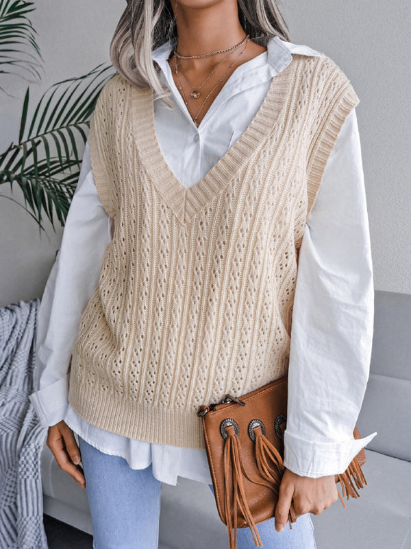 Sweater Vests- Knitted V Neck Sweater - Twist Cable Knit Vest- - IndioGear Fashion and Gear