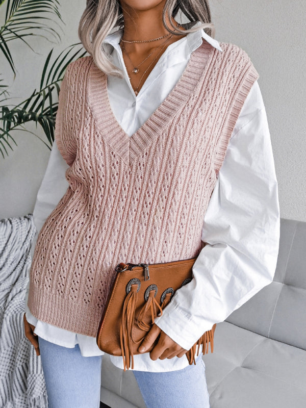 Sweater Vests- Knitted V Neck Sweater - Twist Cable Knit Vest- - IndioGear Fashion and Gear