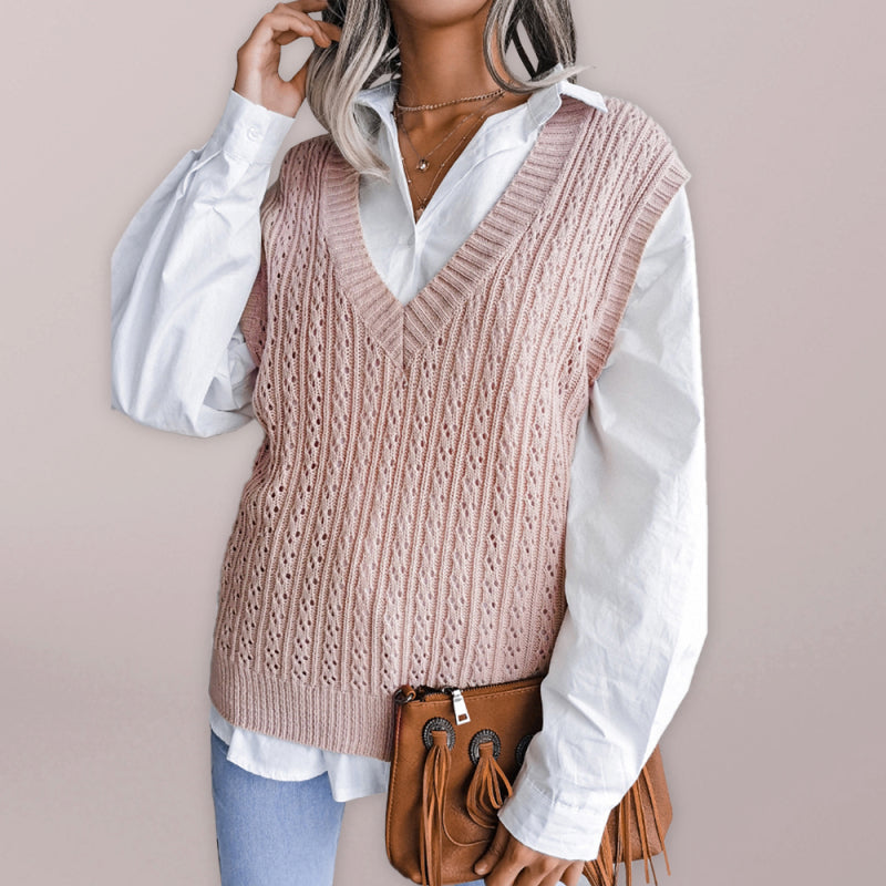 Sweater Vests- Knitted V Neck Sweater - Twist Cable Knit Vest- Pink- IndioGear Fashion and Gear