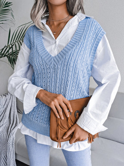 Sweater Vests- Knitted V Neck Sweater - Twist Cable Knit Vest- Blue- IndioGear Fashion and Gear