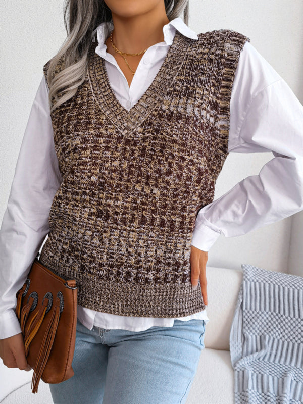 Sweater Vests- Knitted V Neck Sweater Vest - Knitwear Slipover- Khaki- IndioGear Fashion and Gear