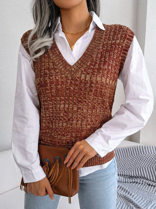 Sweater Vests- Knitted V Neck Sweater Vest - Knitwear Slipover- Orange- IndioGear Fashion and Gear