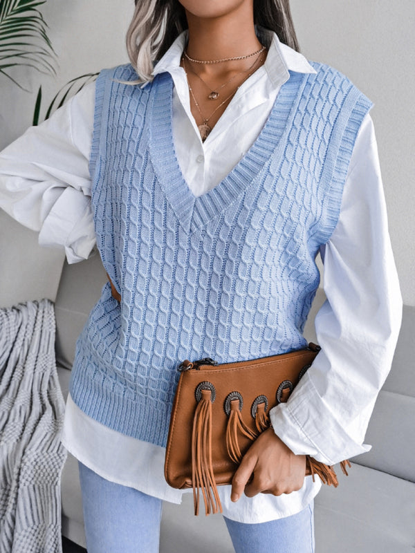 Sweater Vests- Knitwear Vest - V Neck Twist Knitted Sweater- Blue- IndioGear Fashion and Gear