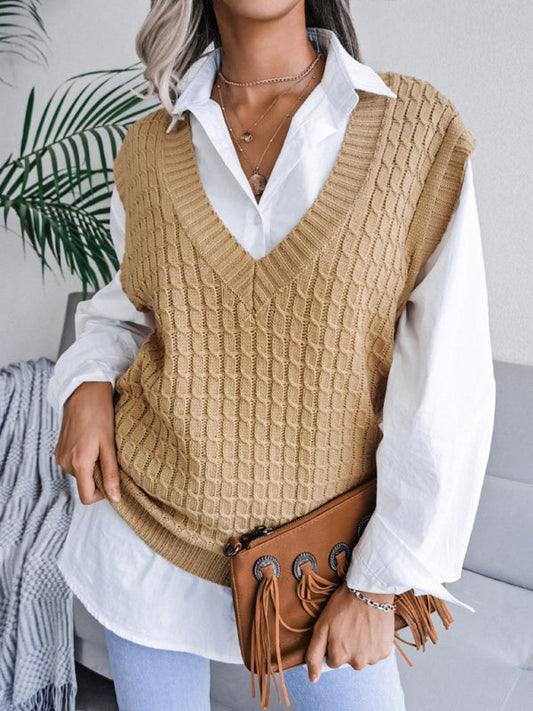 Sweater Vests- Knitwear Vest - V Neck Twist Knitted Sweater- Khaki- IndioGear Fashion and Gear