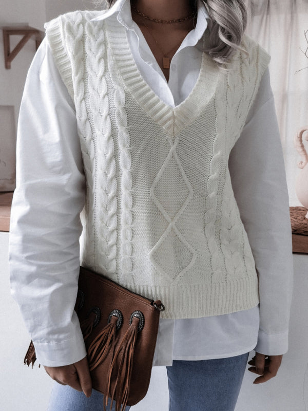 Sweater Vests- Rhombus Cable Knitted Vest - V Neck Sweater- White- IndioGear Fashion and Gear