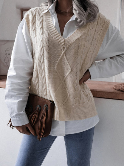 Sweater Vests- Rhombus Cable Knitted Vest - V Neck Sweater- - IndioGear Fashion and Gear