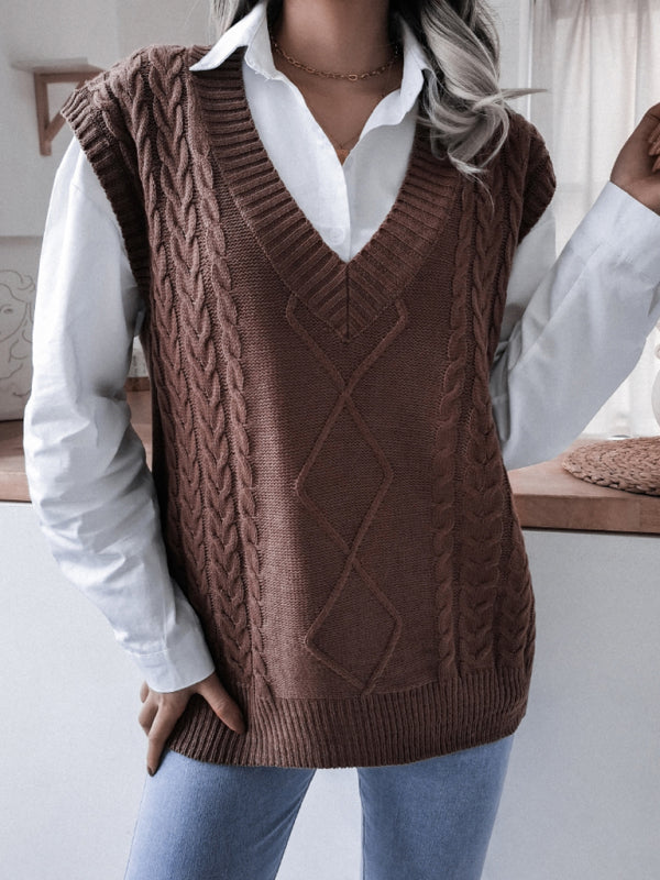 Sweater Vests- Rhombus Cable Knitted Vest - V Neck Sweater- - IndioGear Fashion and Gear