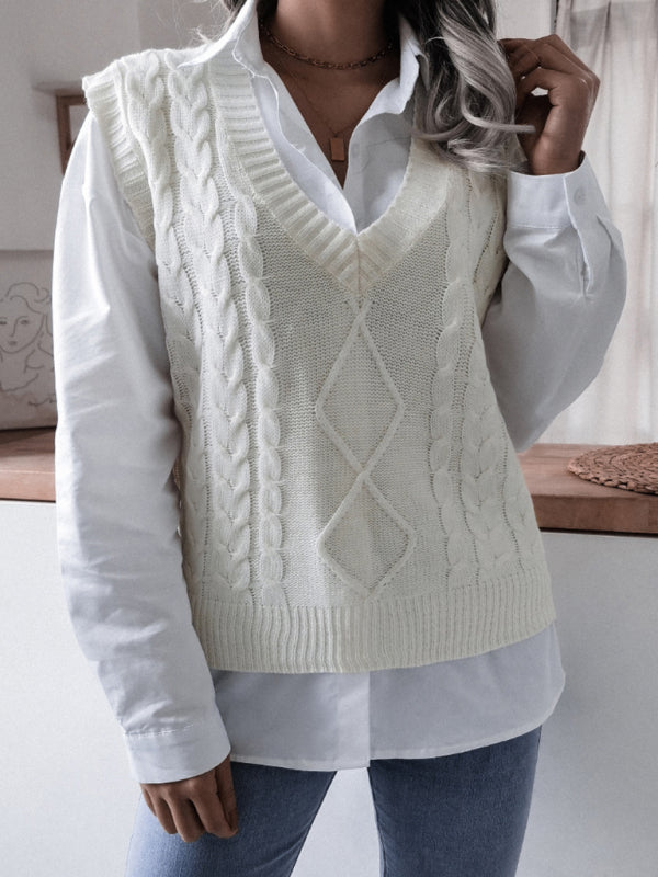 Sweater Vests- Rhombus Cable Knitted Vest - V Neck Sweater- - IndioGear Fashion and Gear